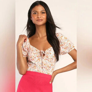 NWT | Lulus | Floral Fling Floral Print Tie-Front Puff Sleeve Crop Top - Size M